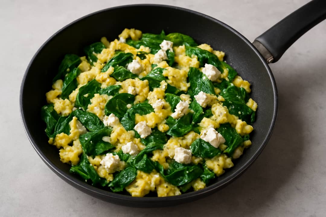 Œufs brouillés aux épinards et à la feta