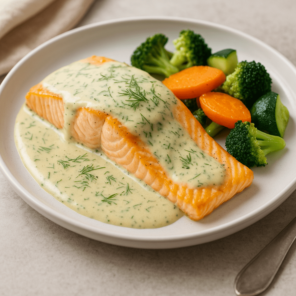 Filet de saumon au four, sauce crémeuse à l’aneth et citron